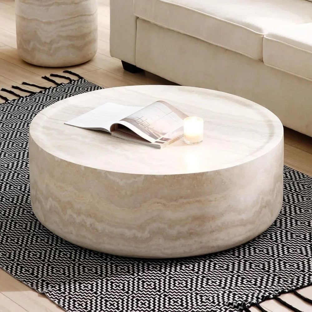 Round Coffee Table, 39.37” Modern Tea Faux Travertine Textured Table Fiberglass Side Table End Table for Living Room