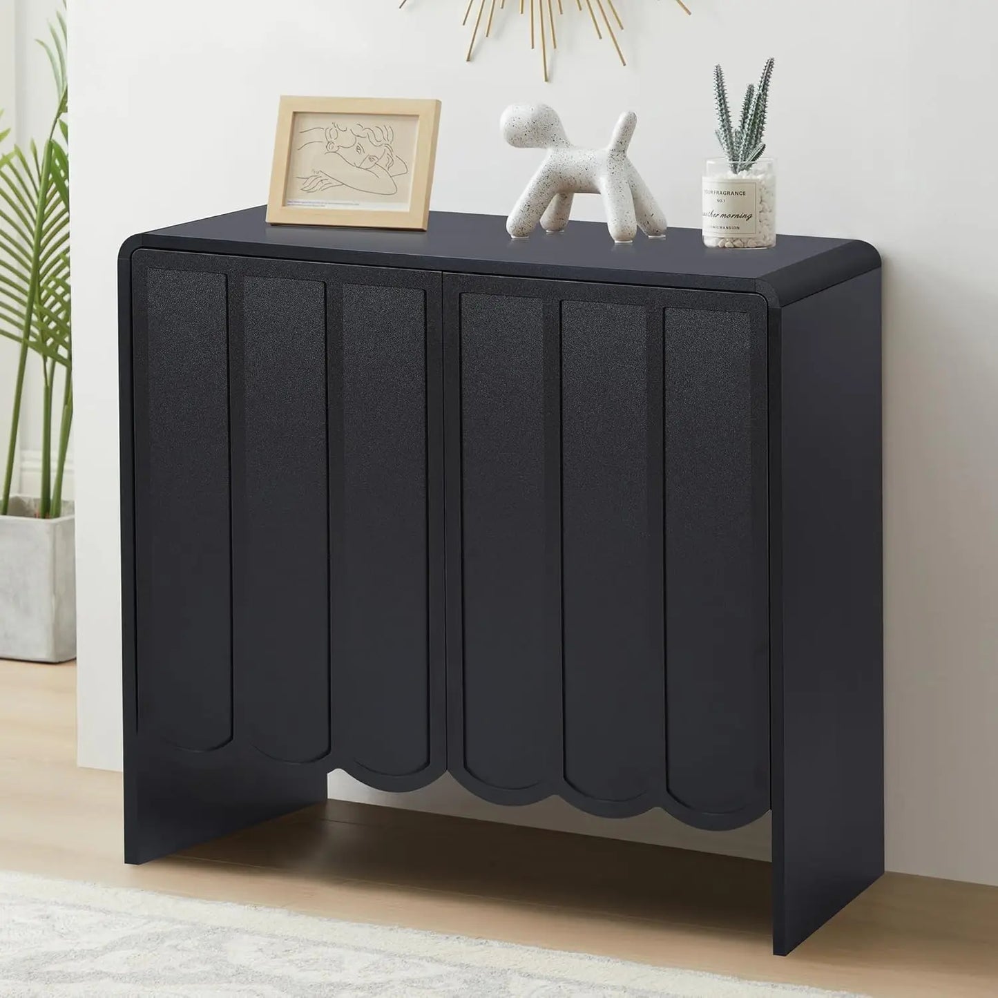 Sideboard Buffet Cabinet, Accent Storage Cabinets with 2 Doors, Farmhouse Wood Cabinet with Adjustable Shelves and Wave Panel