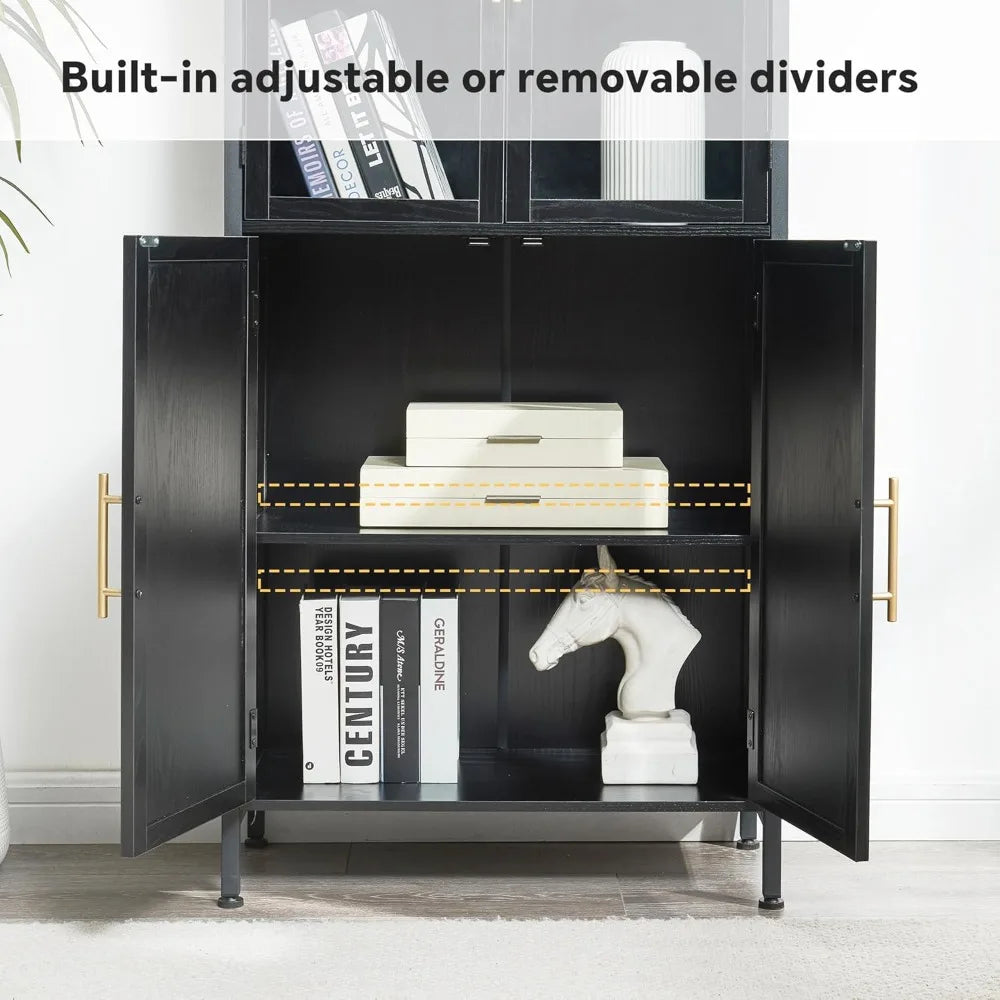 Arched Storage Cabinet with Glass Doors & Shelves, 5-Tier Farmhouse Bookcase Bookshelf Tall Floor Curved Hutch Storage Cabinet