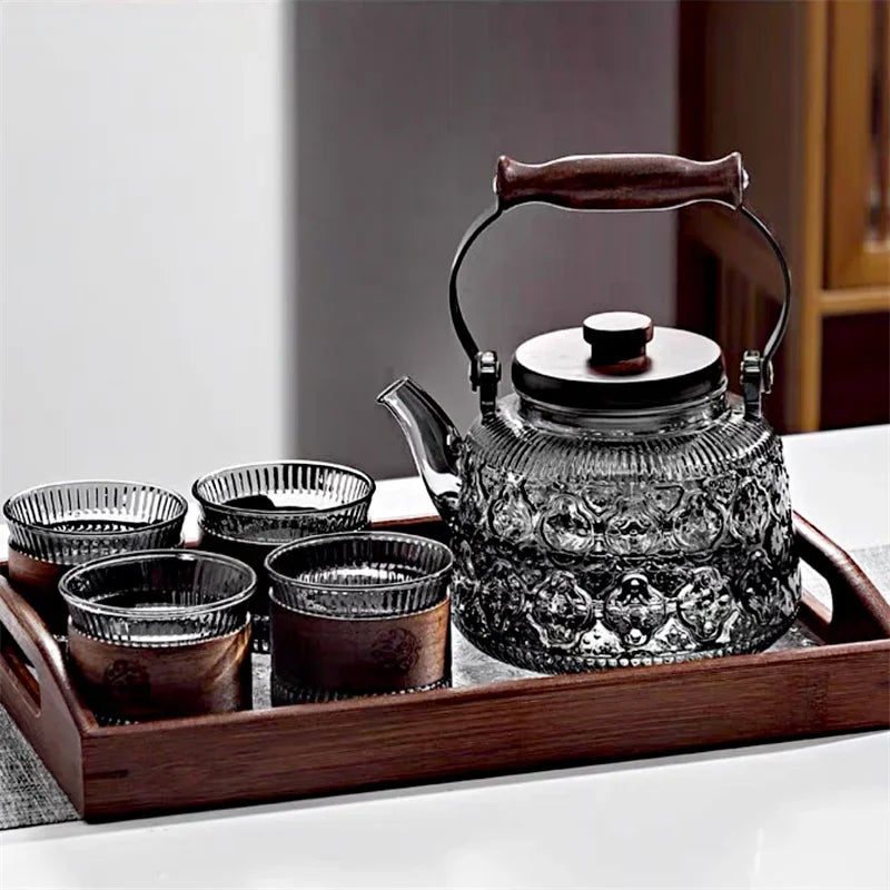 1000ML Embossed Begonia Glass Teapot With Tea Strainer Infuser Flower Puer Kungfu Tea Set Kettle Lifting Beam Tea Pot Teaware