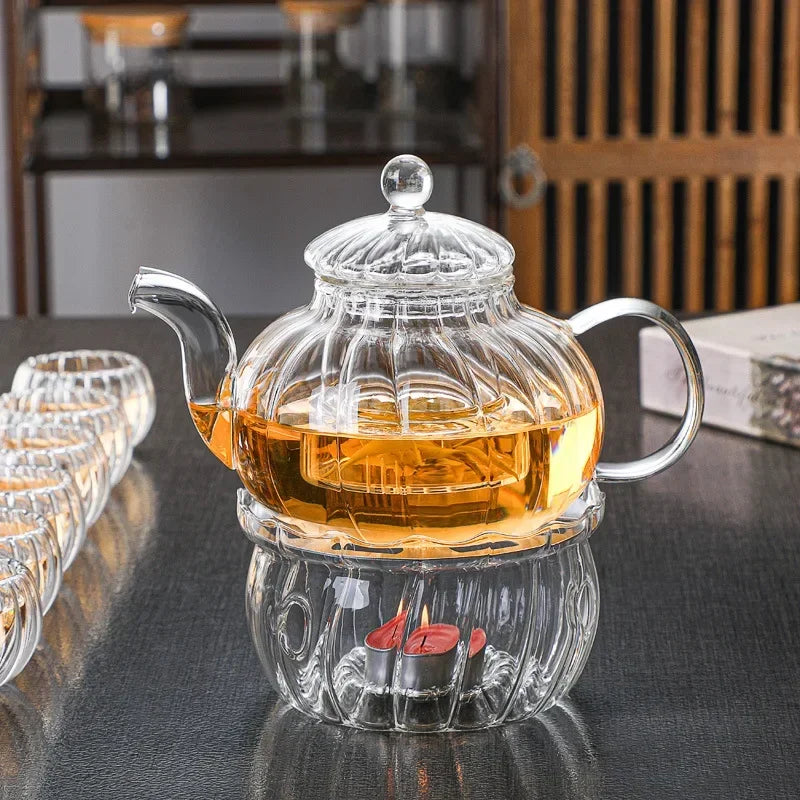 Heat-Resistant Transparent Glass Scented Teapot Complete Set, Kungfu Tea Filter, Creative Striped Pumpkin Pot, Glass Boil Water