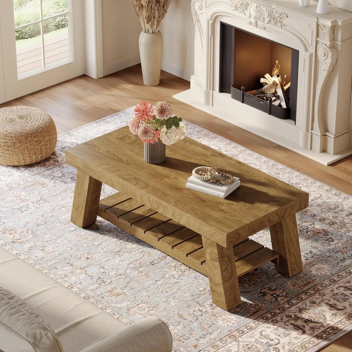 47.24" Rectangular Coffee Table, Farmhouse Wood Center Tables for Living Room, 2-Tier Rustic Accent Table with, Customized