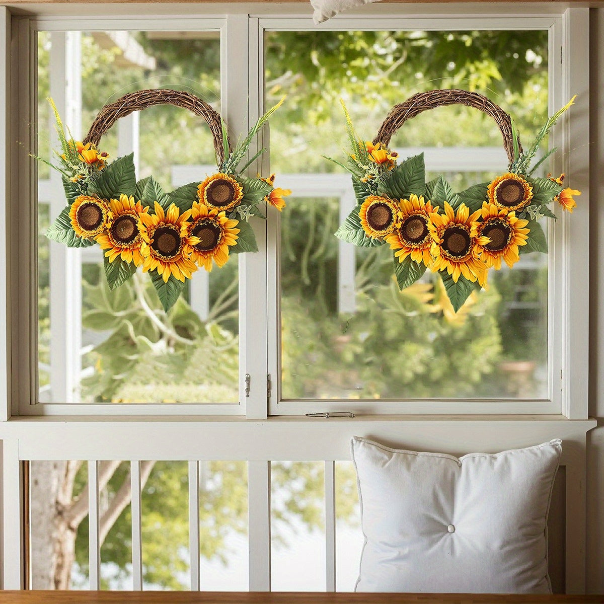 Artificial Sunflower Wreath for Front Door, Fake Flower Wreath with Yellow Sunflowers and Green Leaves for Spring Summer