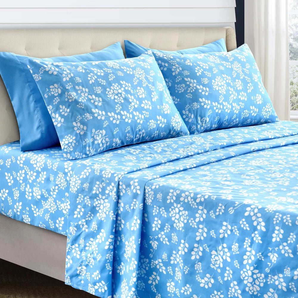 LUX Décor Floral Sheet Set - 3 Piece Ultra-Soft Microfiber Bed Sheets with Flat Sheet, 16 Inches Deep Pocket Fitted Sheet