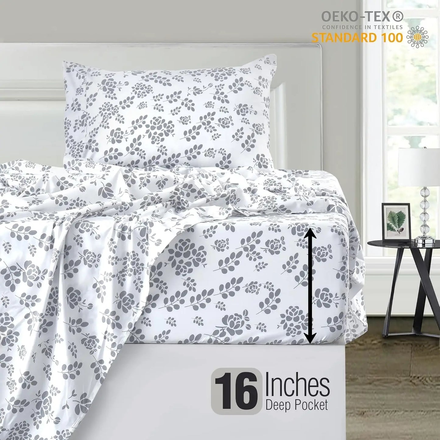 LUX Décor Floral Sheet Set - 3 Piece Ultra-Soft Microfiber Bed Sheets with Flat Sheet, 16 Inches Deep Pocket Fitted Sheet
