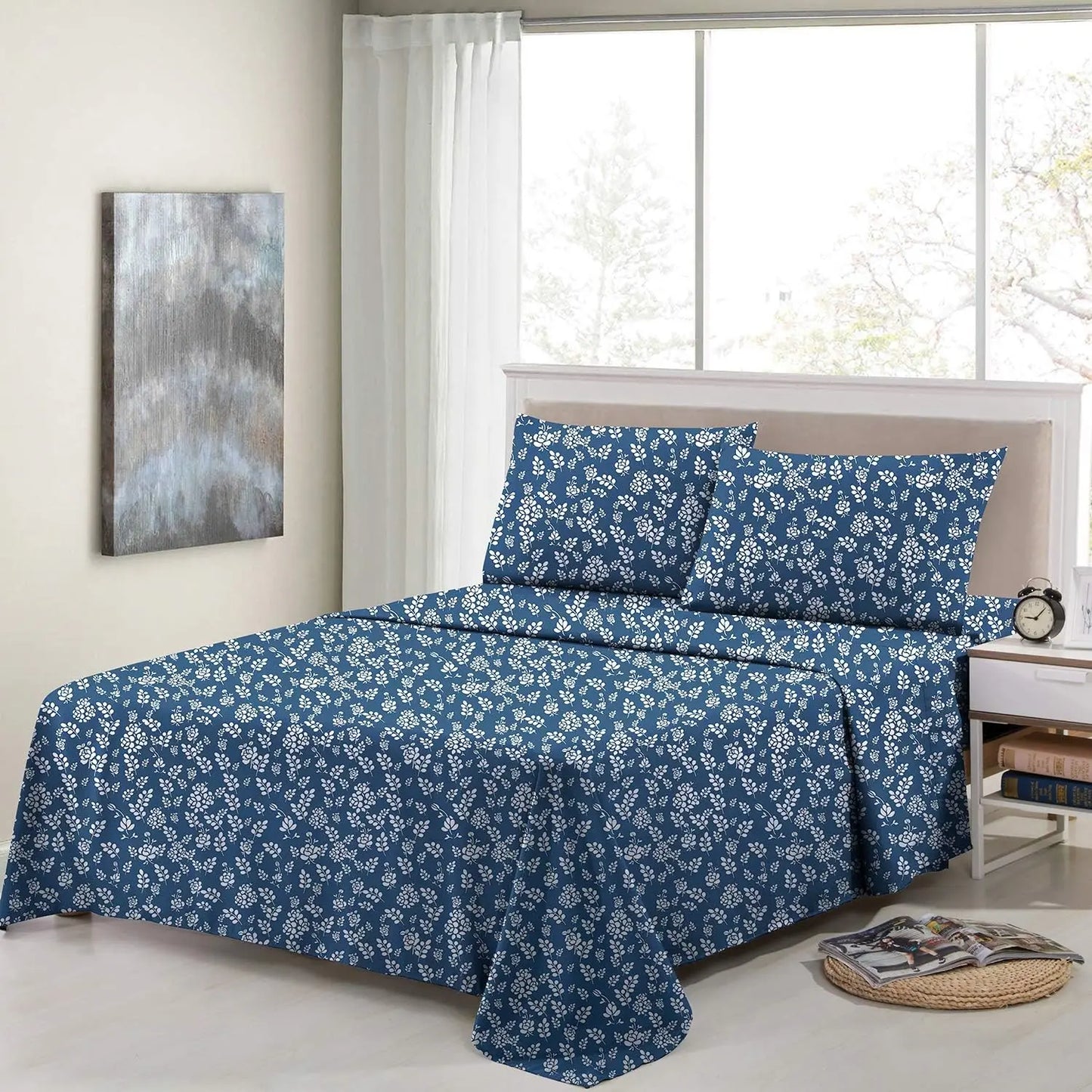 LUX Décor Floral Sheet Set - 3 Piece Ultra-Soft Microfiber Bed Sheets with Flat Sheet, 16 Inches Deep Pocket Fitted Sheet