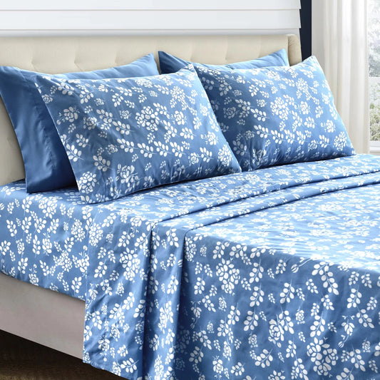 LUX Décor Floral Sheet Set - 3 Piece Ultra-Soft Microfiber Bed Sheets with Flat Sheet, 16 Inches Deep Pocket Fitted Sheet