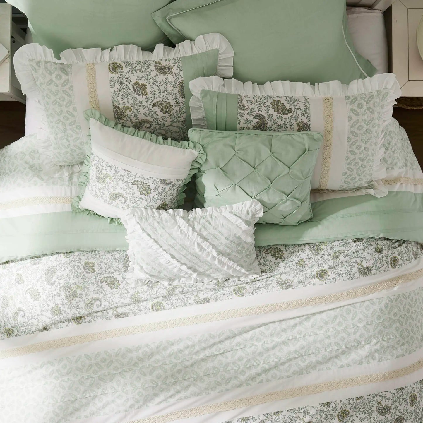 9 Piece Cotton Percale Comforter Set King Sage (Green + Cotton + King)