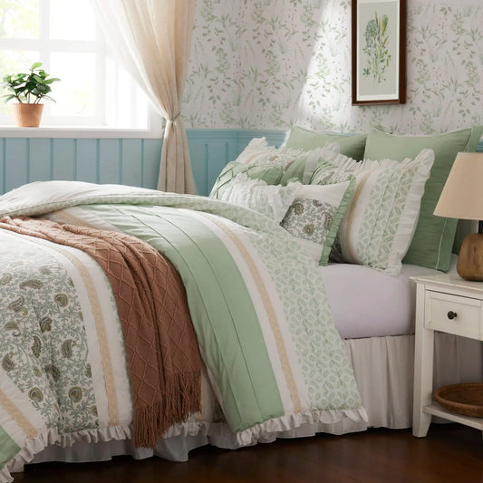 9 Piece Cotton Percale Comforter Set King Sage (Green + Cotton + King)