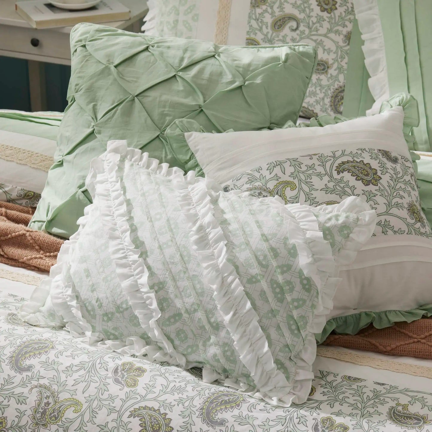 9 Piece Cotton Percale Comforter Set King Sage (Green + Cotton + King)