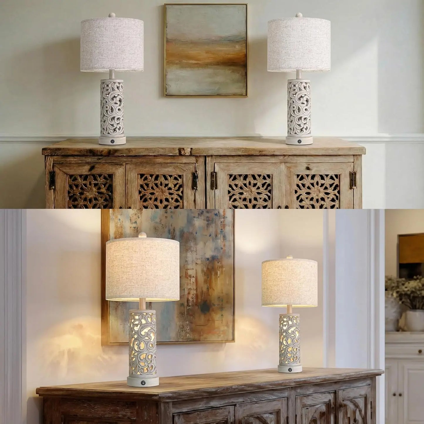 Set of 2 Farmhouse Table Lamps with USB Ports & Night Light, Vintage Style for Bedroom Living Room Home Office