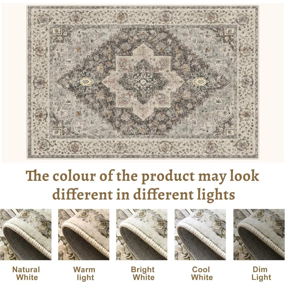 Vintage 8x10 Large Area Rugs for Living Room, Washable Indoor Non-Slip Rugs with Distressed Brown/Grey Print Design