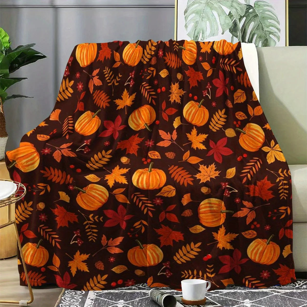 1pc Autumn Pumpkin Leaf Theme Comfortable Flannel Blanket - Soft, Lightweight & Warm Couch Throw, Couple's Blanket
