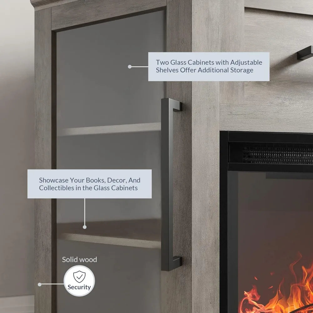 43" Corner TV Stand with 18" Electric Fireplace Heater for TVs up to 43", Modern Corner Wood Entertainment Center with Glass Do