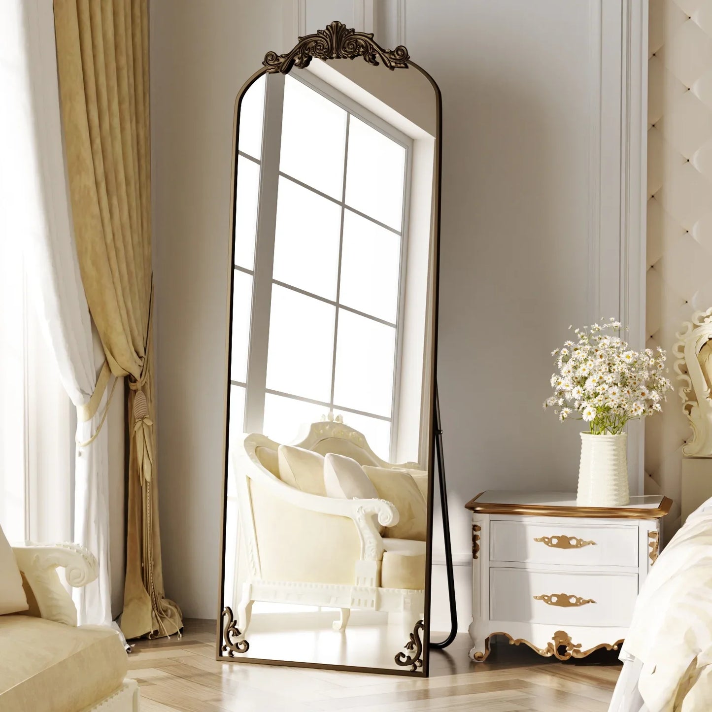 BEAUTYPEAK Full Length Mirror with Baroque Flower Head Design Wall-Mounted Mirror