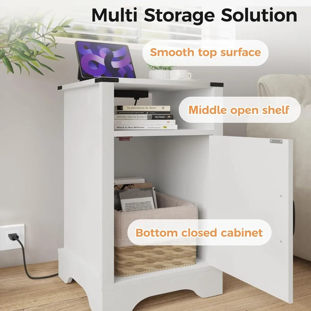 Farmhouse Nightstand, White End Table with Charging Station, Tall Bedside Table with Large Storage Room and Shelf, Wooden Rusti