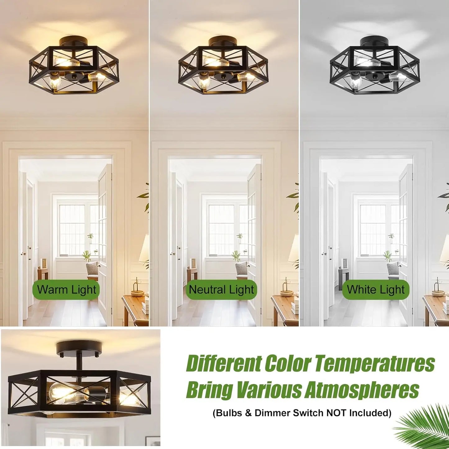 3-Light Black Semi Flush Mount Ceiling Fixture with Hexagon Cage for Kitchen Dining Room Bedroom Hallway