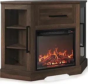 43" Corner TV Stand with 18" Electric Fireplace Heater for TVs up to 43", Modern Corner Wood Entertainment Center with Glass Do