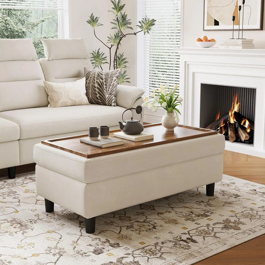 46 Inches Wide Storage Ottoman Bench, Linen Coffee Table Folding Long Shoes Bench Footstool, Storage Chest, Foot Rest Stool