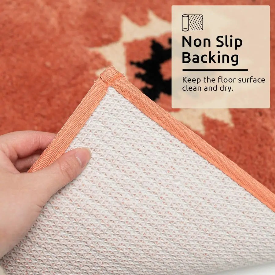 Boho Bathroom Rugs Coral Red Bath Mat Non Slip Western Geometric Bath Rug Luxury Soft Absorbent Carpet for Bathroom Shower Kitch