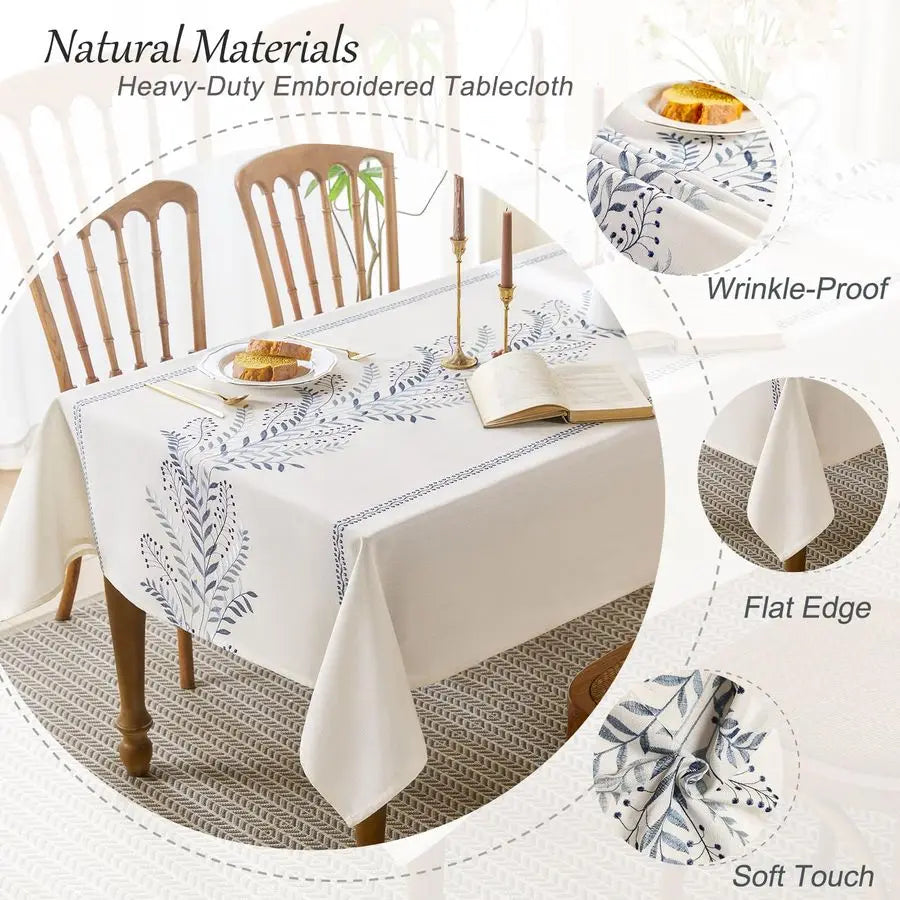 Linen Style Embroidered Tablecloth, Waterproof and WrinkleResistant Table Cloth Rectangle Tables, Farmhouse Floral Rectangle Tab