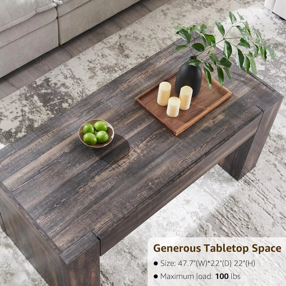 48 Modern Farmhouse Coffee Table, Wooden Living Room Table with Hidden Storage Drawer, Rustic Rectangular Center Tables w/Wo
