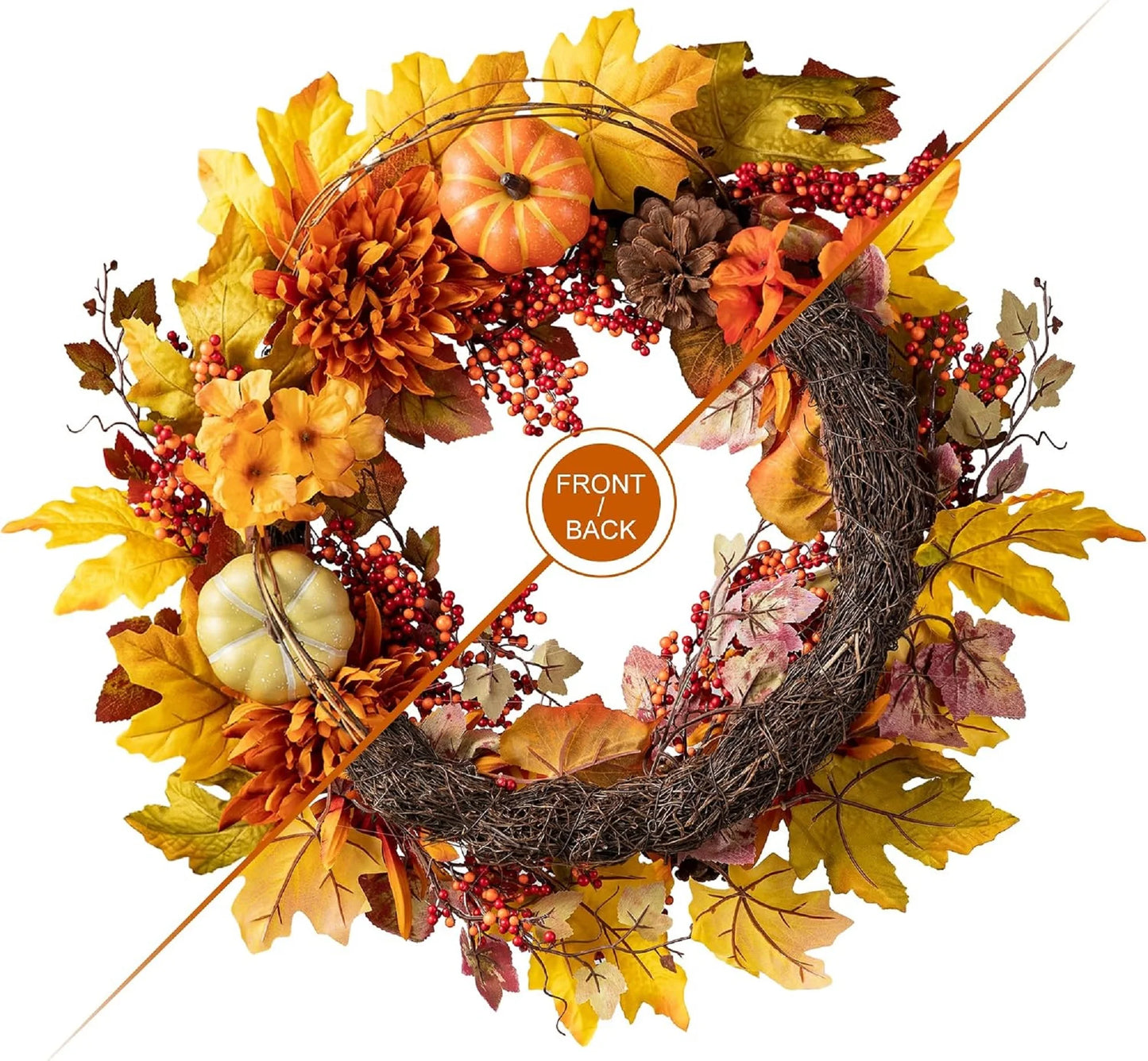 24 inch Artificial Fall Wreath Decor, Autumn Maple Leaf Wreath for Front Door with Dahlia Pumpkin
