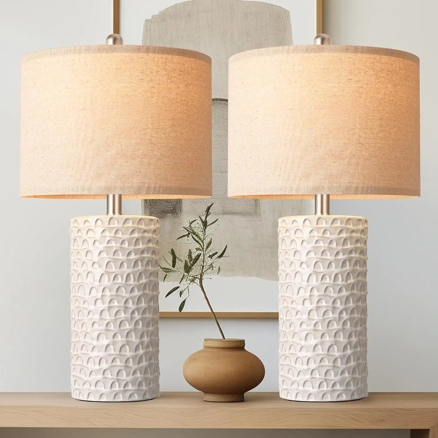 Modern Ceramic Table Lamp Set of 2, Rustic Farmhouse Bedside Lamps for Living Room and Bedroom Decor in White Beige