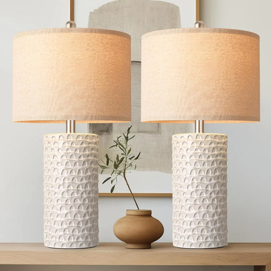 Modern Ceramic Table Lamp Set of 2, Rustic Farmhouse Bedside Lamps for Living Room and Bedroom Decor in White Beige