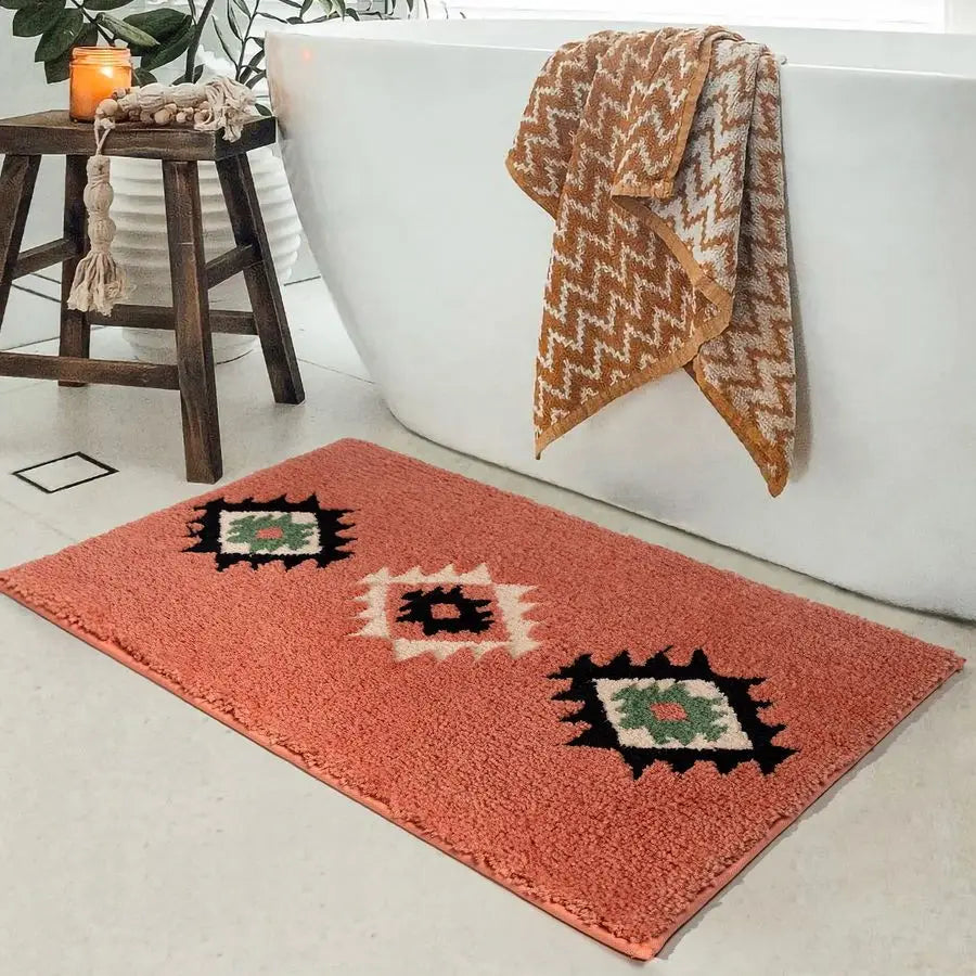 Boho Bathroom Rugs Coral Red Bath Mat Non Slip Western Geometric Bath Rug Luxury Soft Absorbent Carpet for Bathroom Shower Kitch