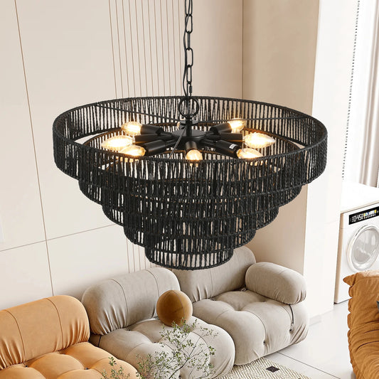 24" Rustic 5-Tier Black Hemp Rope Pendant Light Chandelier with 8 E12 Sockets, Boho Farmhouse Ceiling Fixture,Dining,Kitchen