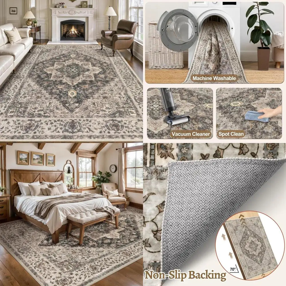 Vintage 8x10 Large Area Rugs for Living Room, Washable Indoor Non-Slip Rugs with Distressed Brown/Grey Print Design