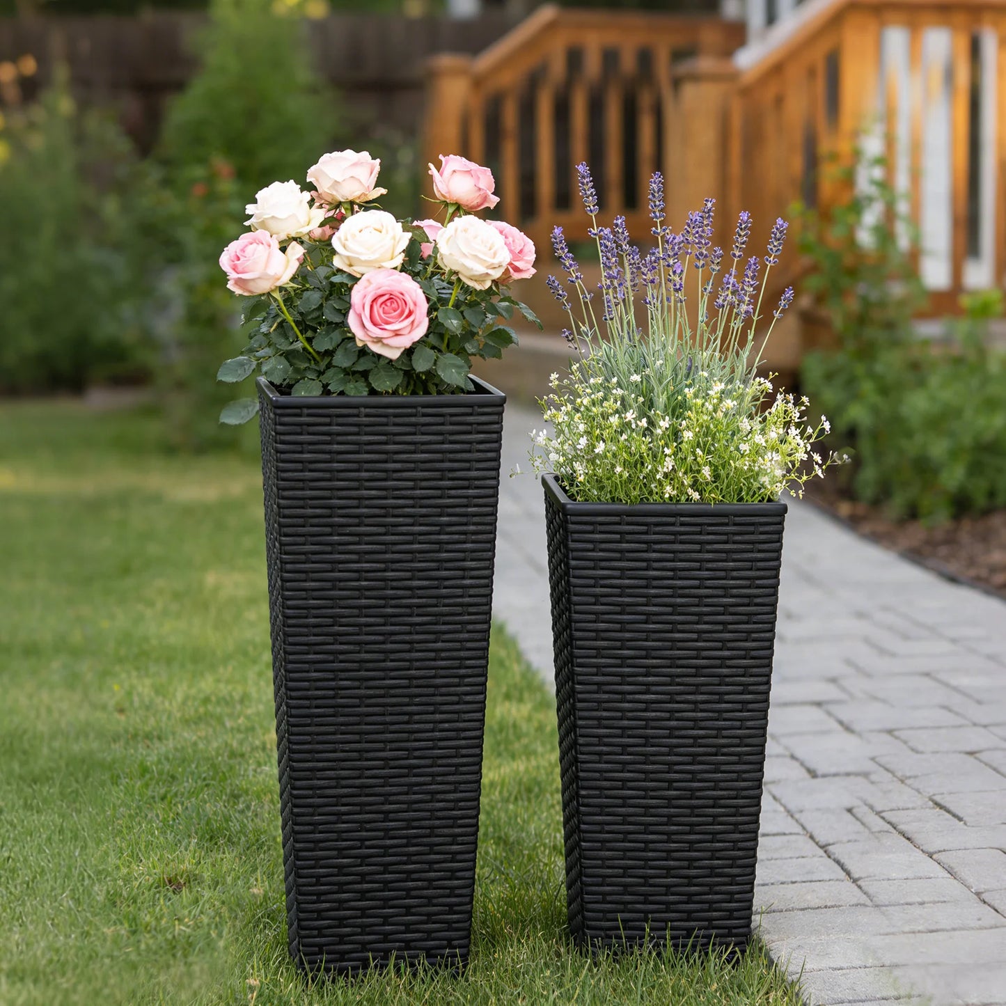 2PCS 32 Inch Tall Planter Resin Rattan Texture Modern Rectangular Tall Plant Pot with Removable Inner Pots Drainage Holes