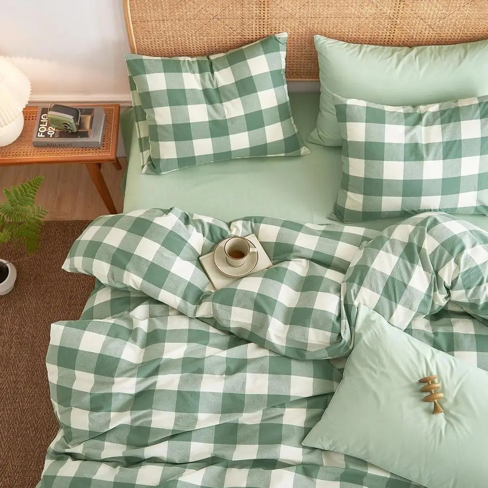 - Gingham Cotton Duvet Cover Set, Plaid BuCheck Checkered armhouse, 100% Washed Cotton Textured Percale Bedding Set, 3 Pieces, G