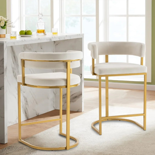 25.6" Seat Height Bar Stools (2-Piece) – Modern Beige Velvet, Barrel Backrest with Gold Metal Footrest