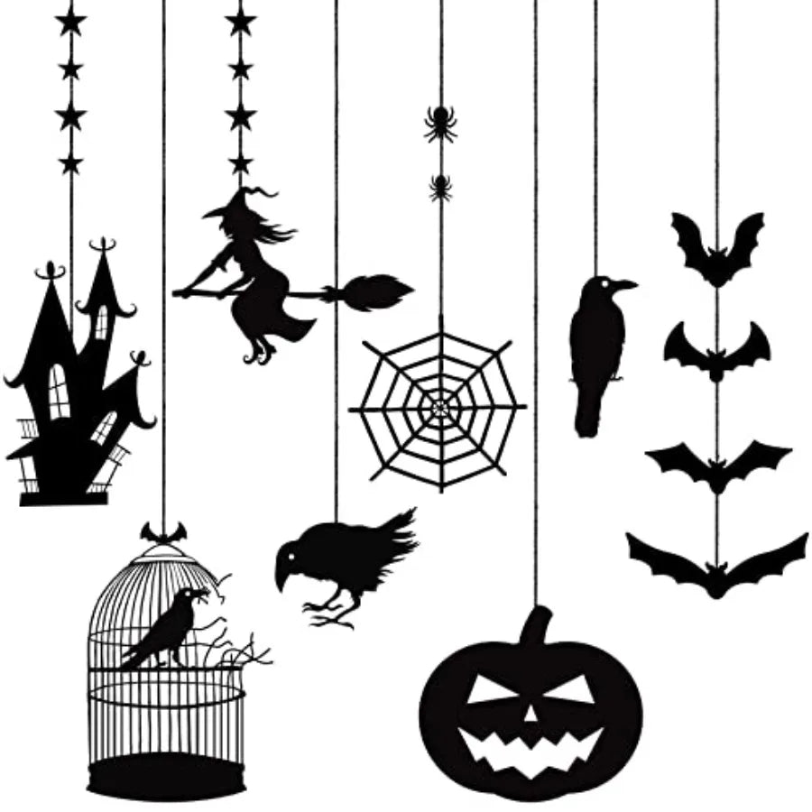 Halloween Witch Party Decorations Black Halloween Hanging Banner Garland Decorations Crow Cage Pumpkin Bats Haunted House Raven