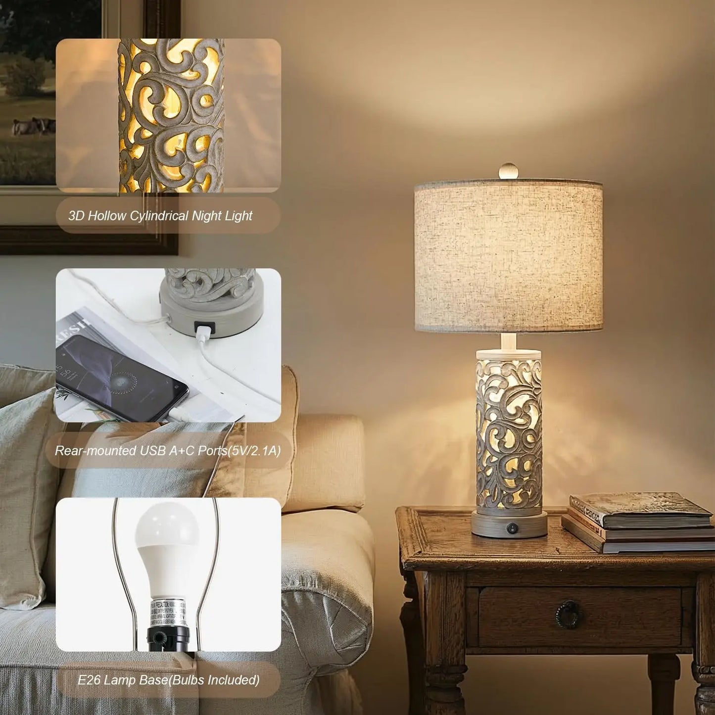 Set of 2 Farmhouse Table Lamps with USB Ports & Night Light, Vintage Style for Bedroom Living Room Home Office