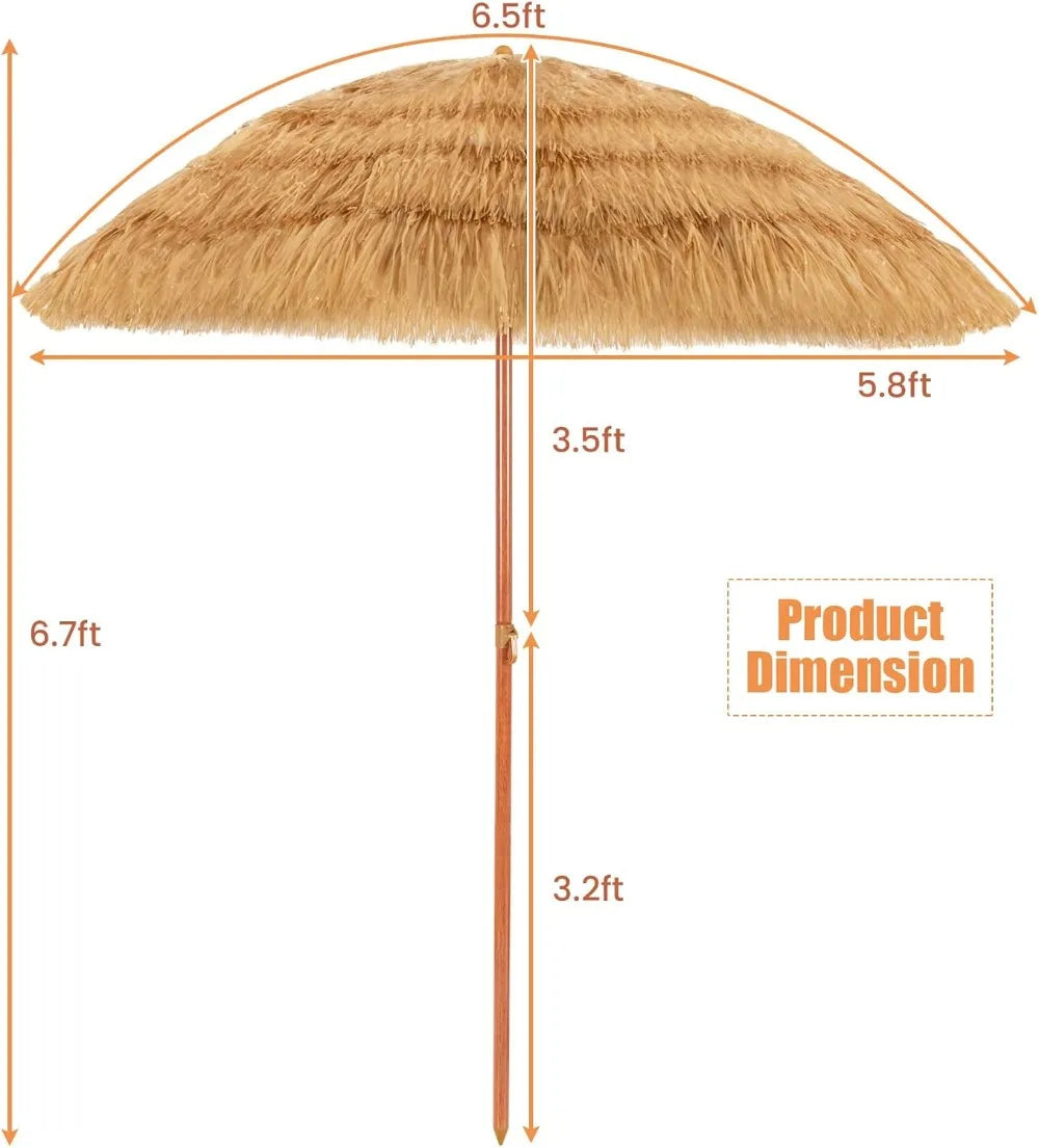 6.5Ft Hawaiian Tiki Patio Umbrella with Tilt, PE Grass Thatch Design for Beach, Garden, Poolside