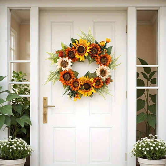 Artificial Sunflower Wreath for Front Door, Fake Flower Wreath with Yellow Sunflowers and Green Leaves for Spring Summer