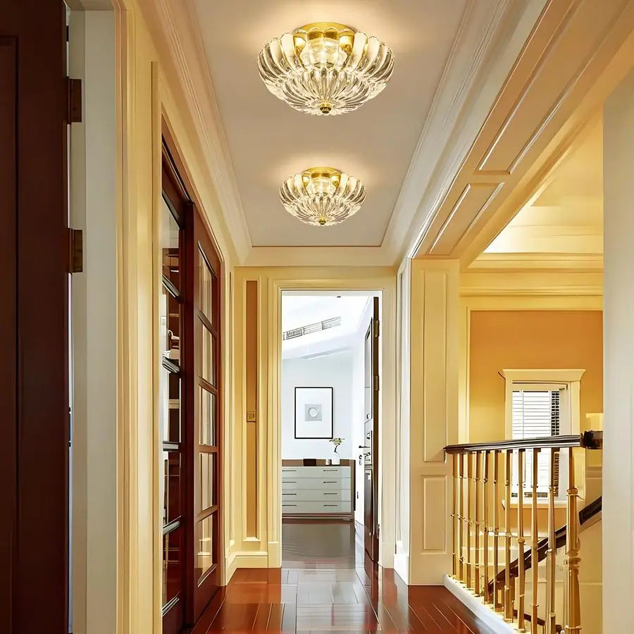 Mid Century Modern Vintage Semi Flush Mount Ceiling Light Fixture,Gold Surface Treatment,Clear Flower Glass,for Hallway Bedroom