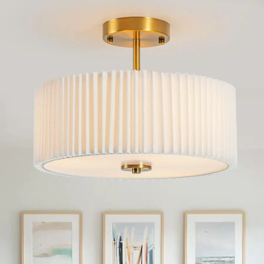 Semi Flush Mount Ceiling Light Fixture,12.5 inch Drum Flush Mount Ceiling Light,Gold Light Fixtures Ceiling Mount,Cream White wi