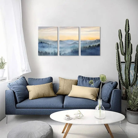 Decor for Bedroom 3 Panel Sunrise Misty Forest Print Picture Paintings Wall Art for Living Room Bathroom Framed Canvas Artwork M
