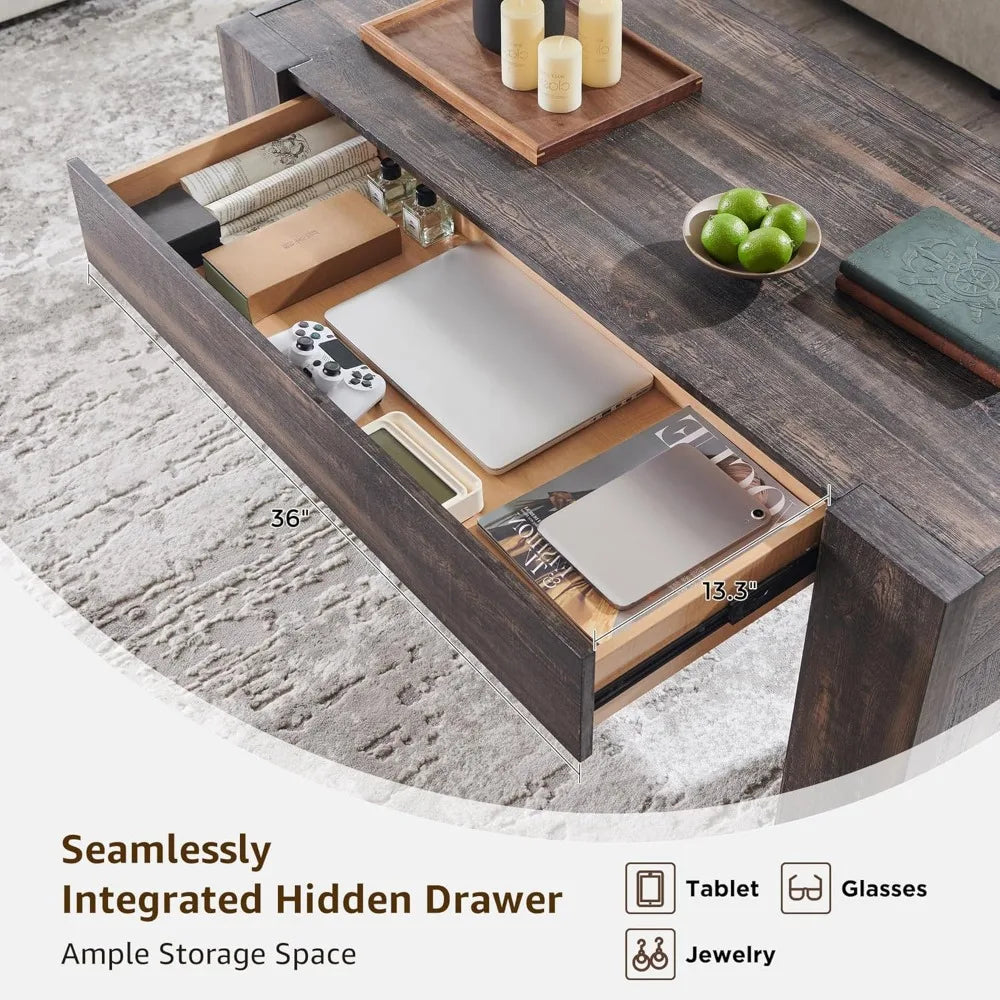 48 Modern Farmhouse Coffee Table, Wooden Living Room Table with Hidden Storage Drawer, Rustic Rectangular Center Tables w/Wo