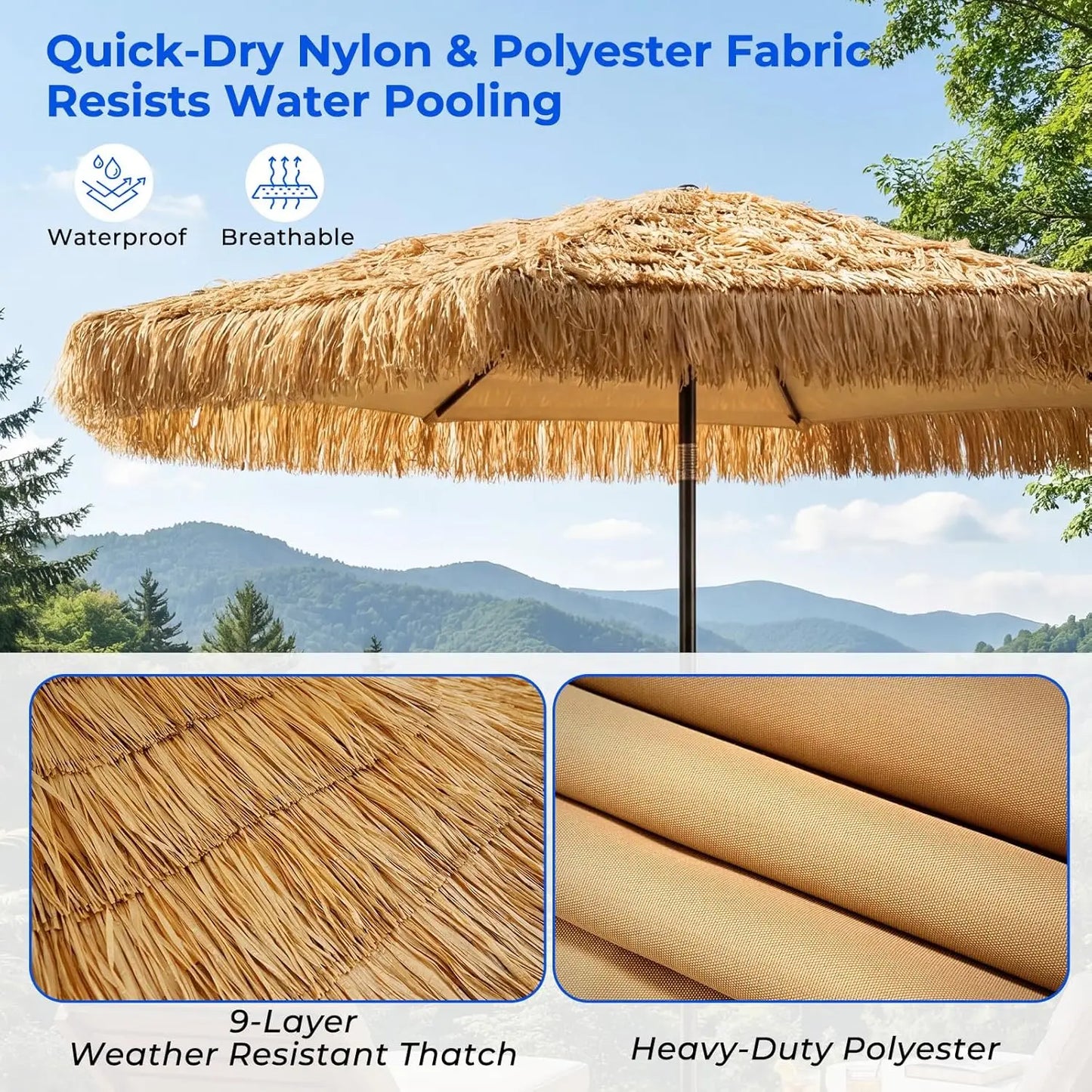 9ft Hawaiian Tiki Umbrella with Crank & Tilt, UPF 50+ Nylon Thatch, Steel Ribs for Outdoor Patio Beach Pool Backyard Garden