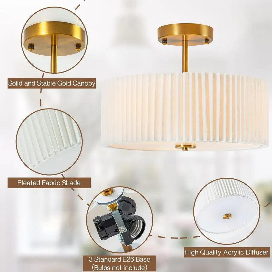 Semi Flush Mount Ceiling Light Fixture,12.5 inch Drum Flush Mount Ceiling Light,Gold Light Fixtures Ceiling Mount,Cream White wi