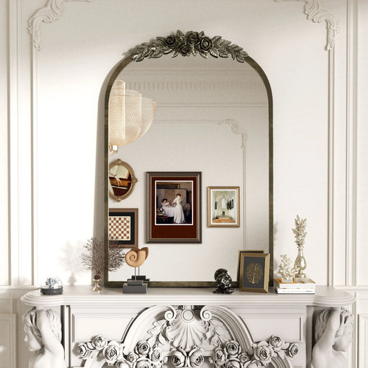Antique Wall Mirror: Vintage Baroque Arched Brass Mirror Metal Frame Antique Wall Mounted Mirror for Entryway, Fireplace, Livin