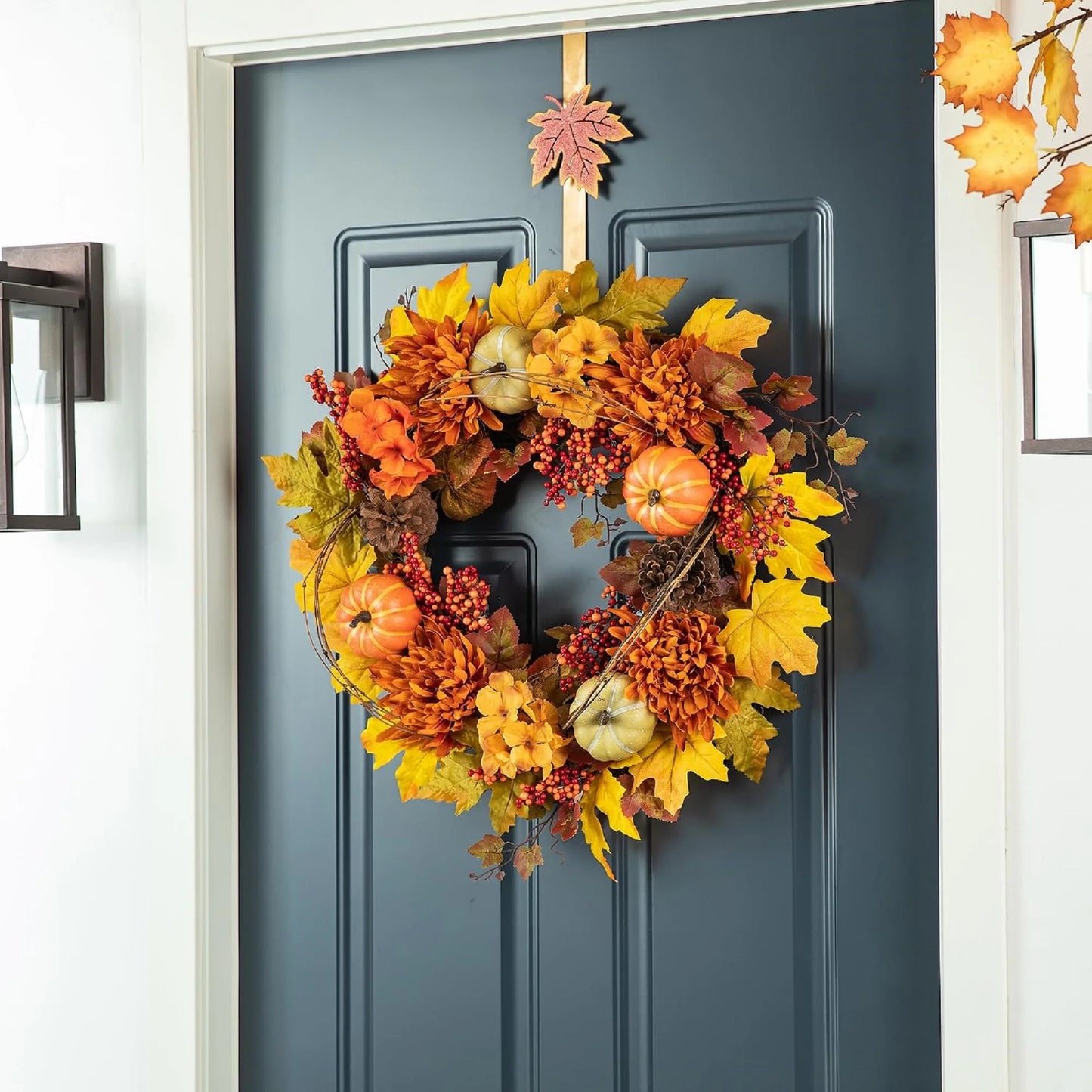 24 inch Artificial Fall Wreath Decor, Autumn Maple Leaf Wreath for Front Door with Dahlia Pumpkin