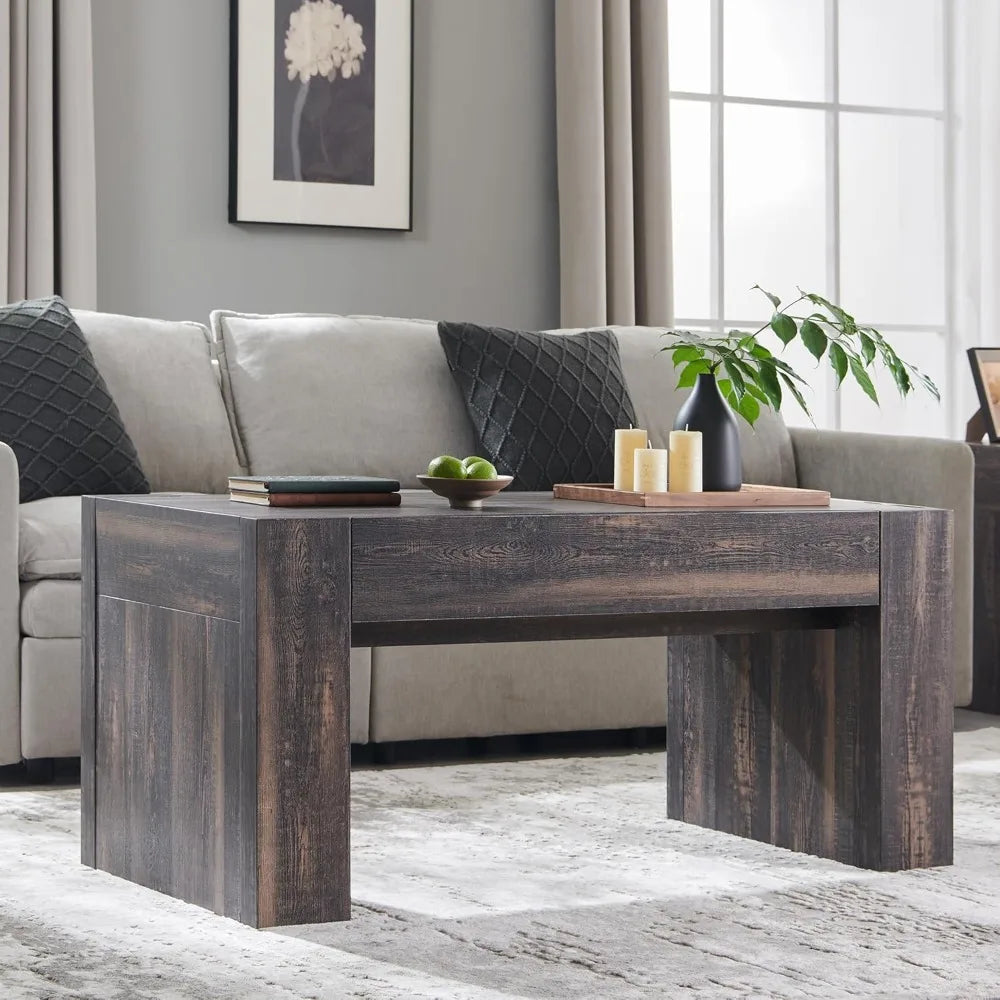 48 Modern Farmhouse Coffee Table, Wooden Living Room Table with Hidden Storage Drawer, Rustic Rectangular Center Tables w/Wo