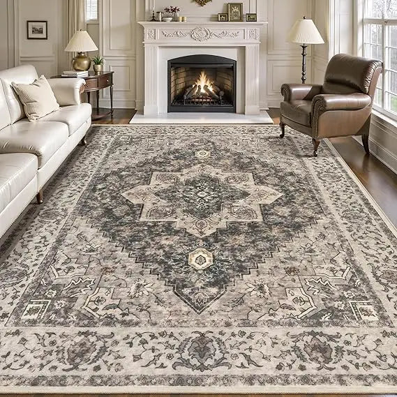 Vintage 8x10 Large Area Rugs for Living Room, Washable Indoor Non-Slip Rugs with Distressed Brown/Grey Print Design