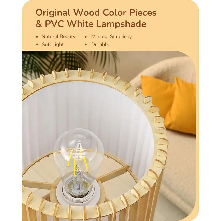 14.17 Small Table Lamp, Wood Tripod Bedside Lamp, Natural WoodColored Hollow amp White PVC Shade, E26 Base, Boho Nightstand Lamp
